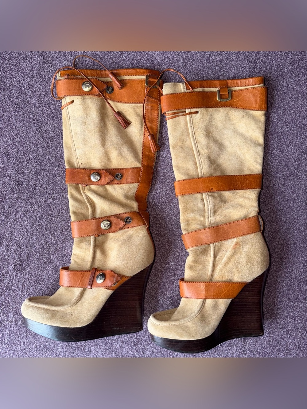 Vintage Y2K L.A.M.B. 2000s Knee High Genuine Suede and Leather Snap Buckle Boots